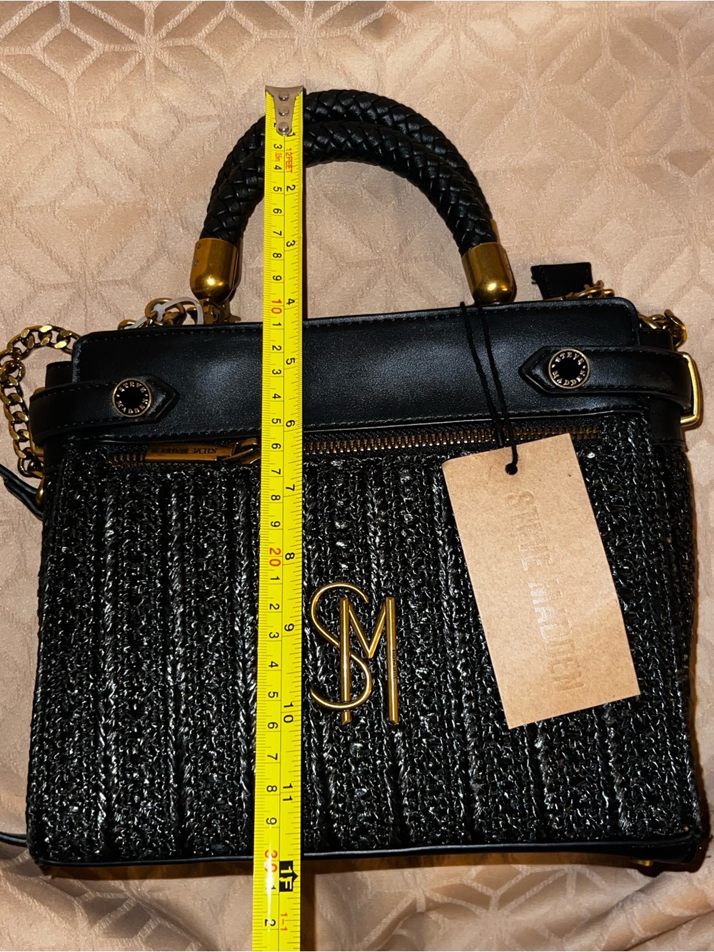 Steve Madden Black Braided Top-Handle Satchel with Gold Accent - Picture 13 of 17